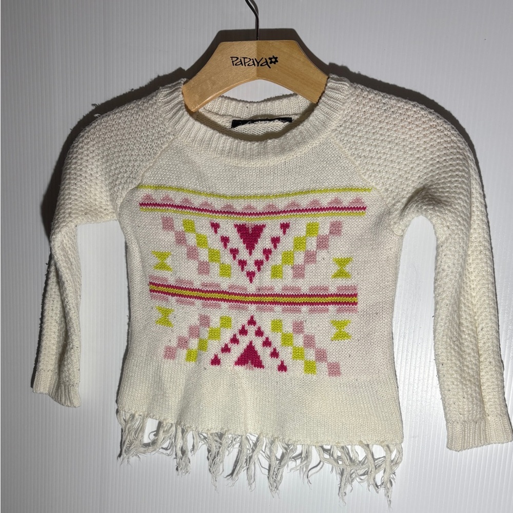 Derek Heart White Sweater with Pink and Yellow Patterns